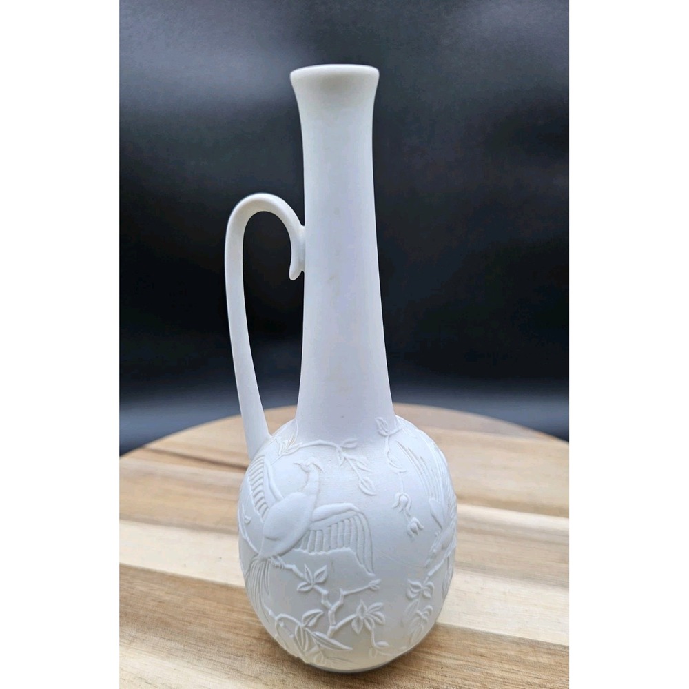 Vintage MCM Kaiser #472 White Bisque Raised Porcelain Peacock Bud Vase w/ Handle